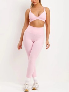 Women's Solid Pink 3-Piece Zip-Up Sports Jacket Bralette Seamless <b>Leggings</b> Set Four-Way Stretch Breathable Fabric for Workout - Product Image 2