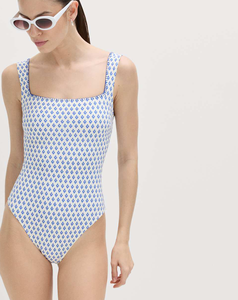 Best Quality Womens One-Piece Swimsuit Blue Geometric Print <b>Square</b> <b>Neck</b> Sleeveless Stretch Quick Dry Summer <b>Bodysuit</b> Cheap Price - Product Image 2