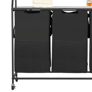 Cesto Portabiancheria a 2 Livelli con Struttura in Metallo e Piano in Legno, Organizzatore con 3 Sezioni e Ruote, in Poliestere - Product Image 4