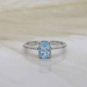 Anillo de compromiso ovalado de aguamarina, piedra de nacimiento de marzo, plata de ley 925, gema azul, anillo de boda, regalo para mujer - Product Image 1