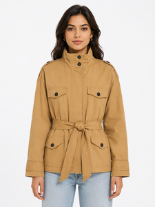 Abrigo Trench Utilitario Camel para Mujer, Cuello Alto, Manga Larga, Cinturón, Cortavientos, Color Sólido, Cierre con Botones - Product Image 1