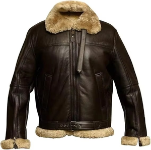 Wholesale Men’s Sheepskin <b>Shearling</b> Pilot <b>Jacket</b>, Fur Leather Winter <b>Jacket</b> with Zipper, Custom OEM Service - Product Image 1