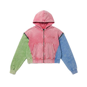 Sweat-shirts vintage délavés pour hommes, à blocs de couleur, avec manches amovibles personnalisées, en coton épais, coupe carrée courte, style hip-hop streetwear - Product Image 2