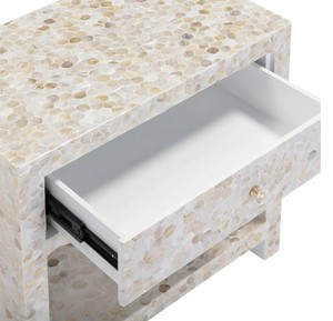 Mesa auxiliar de madera hecha a mano de primera calidad con incrustaciones de mosaico de concha blanca y un versátil diseño de mesita de noche Capiz con estante abierto. - Product Image 3