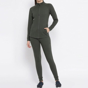 Ensemble de survêtement sportif pour femme vert olive, fermeture éclair intégrale, manches longues, 2 pièces avec poches latérales, coupe classique, pour l'automne - Product Image 1