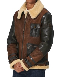 Veste en cuir marron pour homme avec doublure en fausse fourrure, fermeture éclair, style motard, vêtement d'hiver - Product Image 3
