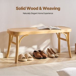 43.3 \ "Boho panca in legno di Rattan con gambe in legno di quercia intrecciata a mano ingresso camera da letto fine letto panca cucina per mobili soggiorno - Product Image 2