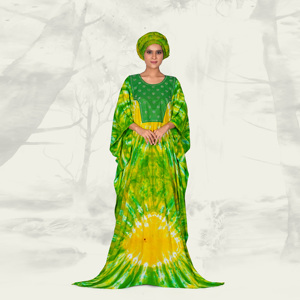 Kaftan Farasha en rayonne, motif tie-dye saisissant, panneau avant orné, manches larges, silhouette élégante longueur ras du sol, style modeste pour l'Aïd - Product Image 3