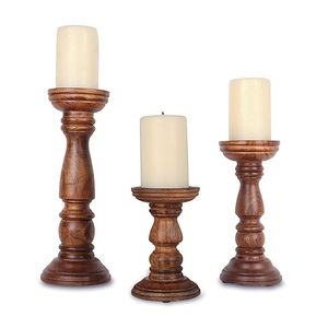 <b>Set</b> of 3 Handcrafted Wooden <b>Candle</b> Holders Rustic Farmhouse Pillar <b>Candle</b> Stand Home Decor - Product Image 1