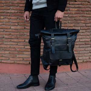 Solid Genuine <b>Leather</b> Roll Top <b>Backpack</b> Thick Cowhide <b>Leather</b> Rucksack For Heavy Duty Travel Business Bag LRTB-0135B - Product Image 3