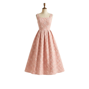 Elegante Vestido Midi Rosa con Estampado Floral Jacquard, Cuello Cuadrado, Sin Mangas, Corte en A, Vestido de Fiesta Vintage, Largo Té, Ropa de Moda para Mujer - Product Image 1