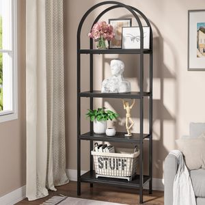 Étagère à livres moderne à 5 niveaux en métal cintrée avec structure en acier noir pour salon, bureau, maison, présentation et rangement - Product Image 3