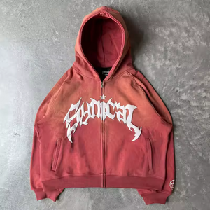 เสื้อฮู้ดซิปผู้ชายทรงโอเวอร์ไซส์ สไตล์สตรีทแวร์ ผ้าฝ้ายถัก พิมพ์ลายโลโก้ด้านหน้า เสื้อลำลองใส่สบายสำหรับฤดูใบไม้ร่วง - Product Image 4