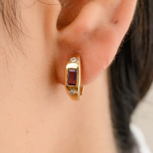 14K Gold Amethyst Diamond Huggie Hoop Earrings-Classic Geometric Style - Product Image 1
