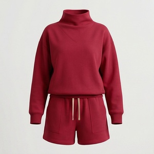 Conjunto de Suéter de Cuello Alto Rojo de 2 Piezas para Mujer, Pantalones Cortos Casuales de Corte Holgado por Encima de la Rodilla con Bolsillos, Color Sólido, Ropa de Otoño - Product Image 1