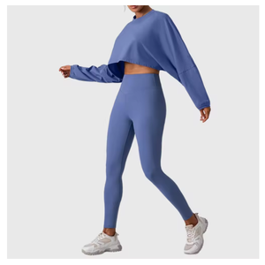 Ensemble de sport 2 pièces pour femme avec soutien-gorge de sport, haut court à manches longues en Spandex/Nylon et leggings de fitness pour la gym et le yoga, compatible OEM - Product Image 3