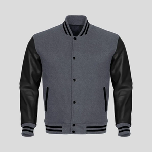 Chaqueta Varsity Gris para Hombre con Mangas de Cuero PU Negro, Cierre de Botones, Cuello Camisero, Ropa Casual de Otoño - Product Image 1