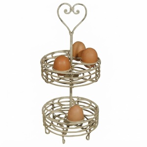Vintage Ivory Metal 2-Tier Egg Holder With Decorative Heart Handle Wire Egg Storage Rack For Farmhouse Kitchen Countertop - Product Image 1