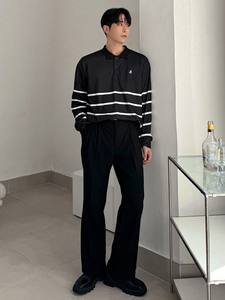 Polo rayé noir et blanc à manches longues pour hommes, chemise décontractée pour les trajets quotidiens, vêtements d'automne - Product Image 6