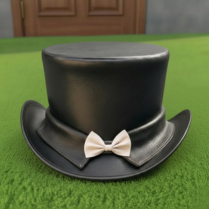 Premium quality custom made Handmade Black Leather Top <b>Hat</b> with Bow Victorian <b>Steampunk</b> Wedding Formal <b>Hat</b> - Product Image 1