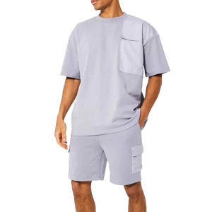 Men's Light Blue Cotton Crew Neck T-Shirt And Cargo Shorts <b>Set</b> Casual Summer Wear Breathable <b>Knitted</b> Fabric - Product Image 3