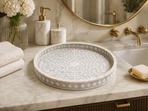 Offre Spéciale 2026 Plateau de service roulant décoratif de designer avec insert de rangement en os incrusté, bleu avec motifs et détails blancs - Product Image 1