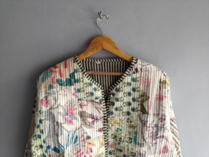 Quilted <b>Patchwork</b> <b>Jacket</b> Women's V Neck Full Sleeve Cotton Floral Print Hand Embroidered Regular Length Autumn Style gift - Product Image 2