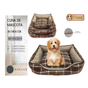 Yommy Checkered Linen Pet <b>Bed</b> Square <b>Nest</b> S M L Waterproof Non Slip Bottom Dog Cat <b>Bed</b> - Product Image 1