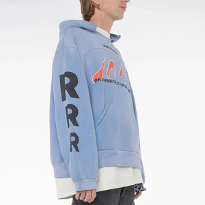 Sweat à capuche oversize en molleton de coton style hip-hop coréen, avec broderie et impression graphique personnalisée, effet délavé, coupe ample et épaules tombantes - Product Image 5