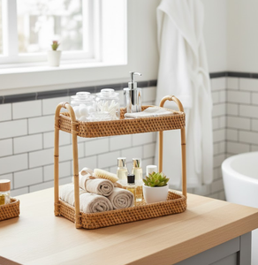 Handwoven Two Tier Rattan <b>Storage</b> Rack with Handle, Natural Wicker <b>Countertop</b> Organizer for Kitchen, <b>Bathroom</b>, Home Decor - Product Image 4