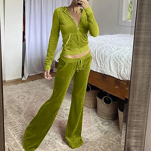 Plus Size Women's <b>Velvet</b> Hooded Zipper <b>Crop</b> <b>Top</b> & Wide Leg Pants Set Solid Blue Casual Autumn Wear Loose Fit Full Length Pockets - Product Image 3