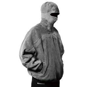 Low MOQ Winter Acid Wash Letter 100% Cotton Hoodie Wholesale Drop Shoulder Vintage Men Hooded Full <b>Face</b> Half Zip Retro Ninja - Product Image 2