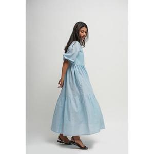 Robe longue trapèze bleu clair à manches courtes et col en V, avec ceinture, séchage rapide, design étagé simple, en coton respirant pour femme - Prix de gros - Product Image 2