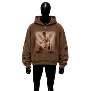Sweat à capuche zippé décontracté marron avec motif ange, imprimé vintage, en molleton doux, pour le quotidien, streetwear de luxe, mode urbaine - Product Image 1