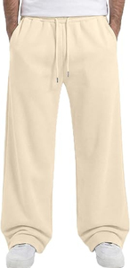 Pantalon de survêtement ample pour homme, coupe large, beige crème, en molleton épais, à bas ouvert, coupe droite, vente en gros - Product Image 6