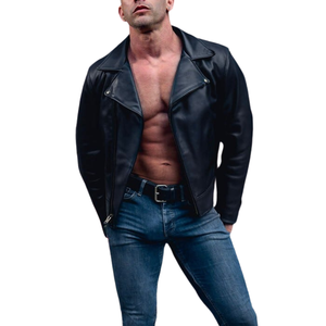 Men's Genuine Leather Moto Jacket <b>Turn</b>-Down Collar Zipper Closure Slim Fit Solid Color Biker Style Autumn Wear - Product Image 1