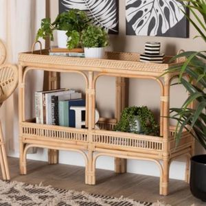 Minimalist Rattan <b>Console</b> <b>Table</b> Featuring Natural Wood Finish and Stylish Woven Cane Decorative <b>Storage</b> Shelf - Product Image 1