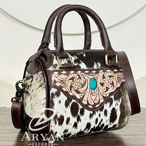 Western Cowhide Tooled Leather Mini Duffle Bag for Women's Crossbody Small Speedy <b>Handbag</b> Boutique Purse Travel Overnight Bag - Product Image 1
