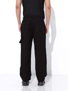 Jean en denim noir ample à jambe large pour homme, taille mi-haute, délavage vintage, couleur unie, écologique, résistant à la décoloration, décontracté - Product Image 2