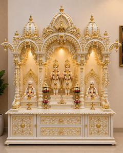 Temple domestique hindou de luxe avec sculptures d'éléphants sur la base, Pooja Mandir royal en bois doré avec piliers sculptés en forme d'éléphant pour les maisons américaines - Product Image 2