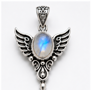 ainbow Moonstone Silver Pendant, Sterling Silver Wing Pendant, Blue Flash Moonstone <b>Necklace</b>, Gothic Angel Pendant, - Product Image 1