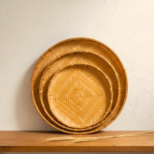 Handwoven Bamboo Basket Set Boho Farmhouse Decor Round Serving Tray Dining <b>Table</b> Bamboo Tray Eco Friendly Supplier - Product Image 2