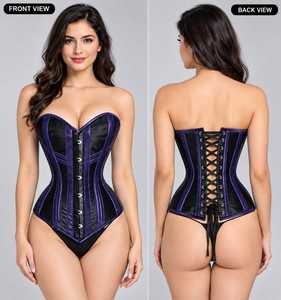 Corset Overbust en Cuir Noir et Violet Personnalisable OEM avec Fermeture Frontale Sans Bretelles et Double Baleine en Acier Argenté – Vente en Gros - Product Image 3