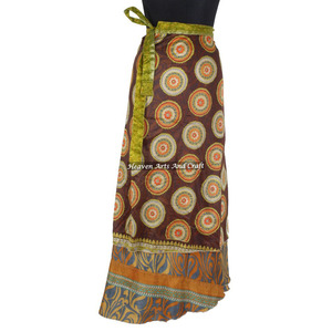 Indian Vintage Silk Double Layer Reversible Sarong Sari Magic Wrap <b>Skirt</b> New Gypsy Hippie <b>Boho</b> Indian Retro Paisley Silk Casual - Product Image 5