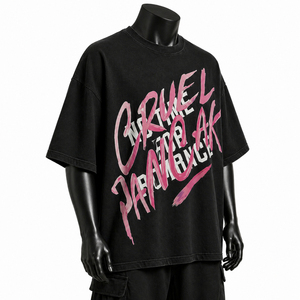 T-shirts formels surdimensionnés pour hommes 100 % coton, coupe ample à épaules tombantes, imprimé typographique rose vif - Product Image 5