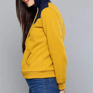 Sudadera con Capucha y Cremallera para Mujer, Color Amarillo con Bloques de Color, Manga Larga, Informal, para Otoño, con Bolsillos, Transpirable, de Algodón Tejido - Product Image 3