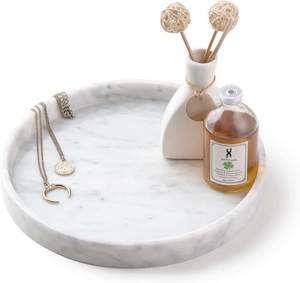 Marble Round <b>Vanity</b> White Decorative Serving Tray for Bathroom Counter Kitchen Nightstand Dresser <b>Table</b> Accent Decor - Product Image 1