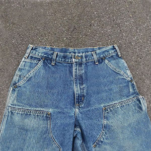 Vintage Washed 100%cotton Denim Cargo Shorts Custom logo Print Double Knee Raw Hem <b>Jean</b> Shorts Casual Baggy Fit Jorts for <b>Men</b> - Product Image 5