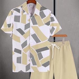 Chemise à manches courtes pour hommes, beige, kaki, blanc, motif géométrique abstrait, col à revers, boutons, short assorti, ensemble 2 pièces, décontracté, hawaïen - Product Image 3