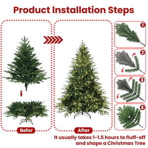 Albero di Natale Artificiale da 1,5 m con 1419 Rami Misti, 300 Luci LED Bianco Caldo, Filo d'Acciaio Incernierato, Foglie Realistiche in PE/PVC - Product Image 3
